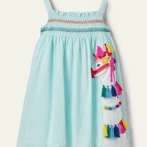 Mini Boden Llama 3D Aqua Striped Dress with Colorful Embroidery Appliqué Tassels